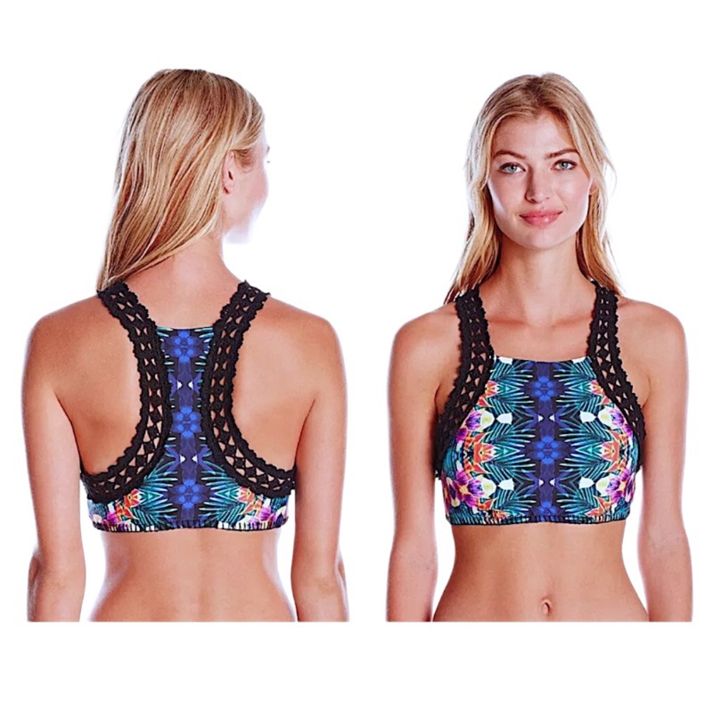 $120 Nanette Lepore Crochet Bikini Top XSmall High Neck Crochet Trim Habanera